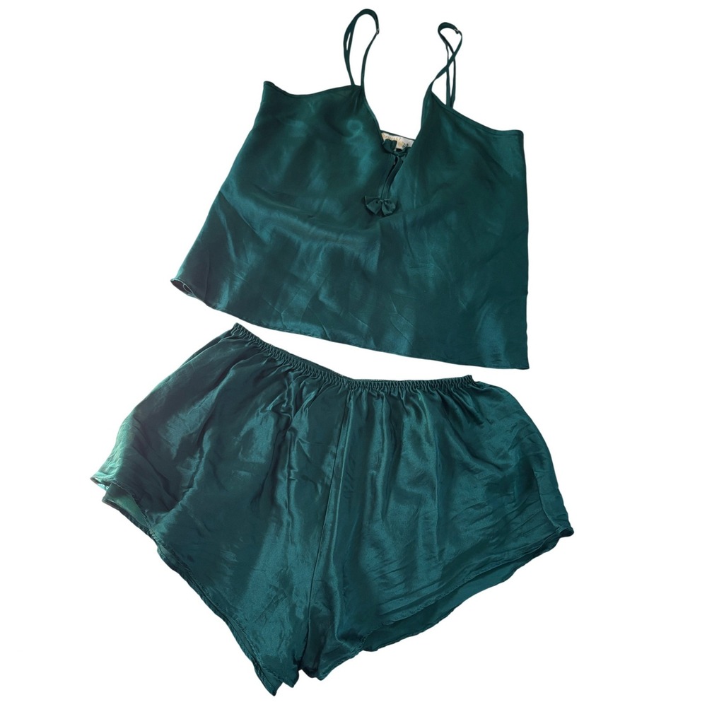 Potpourri Vintage 100% Silk Pajama Set Emerald Green Cami Tap Shorts Medium
